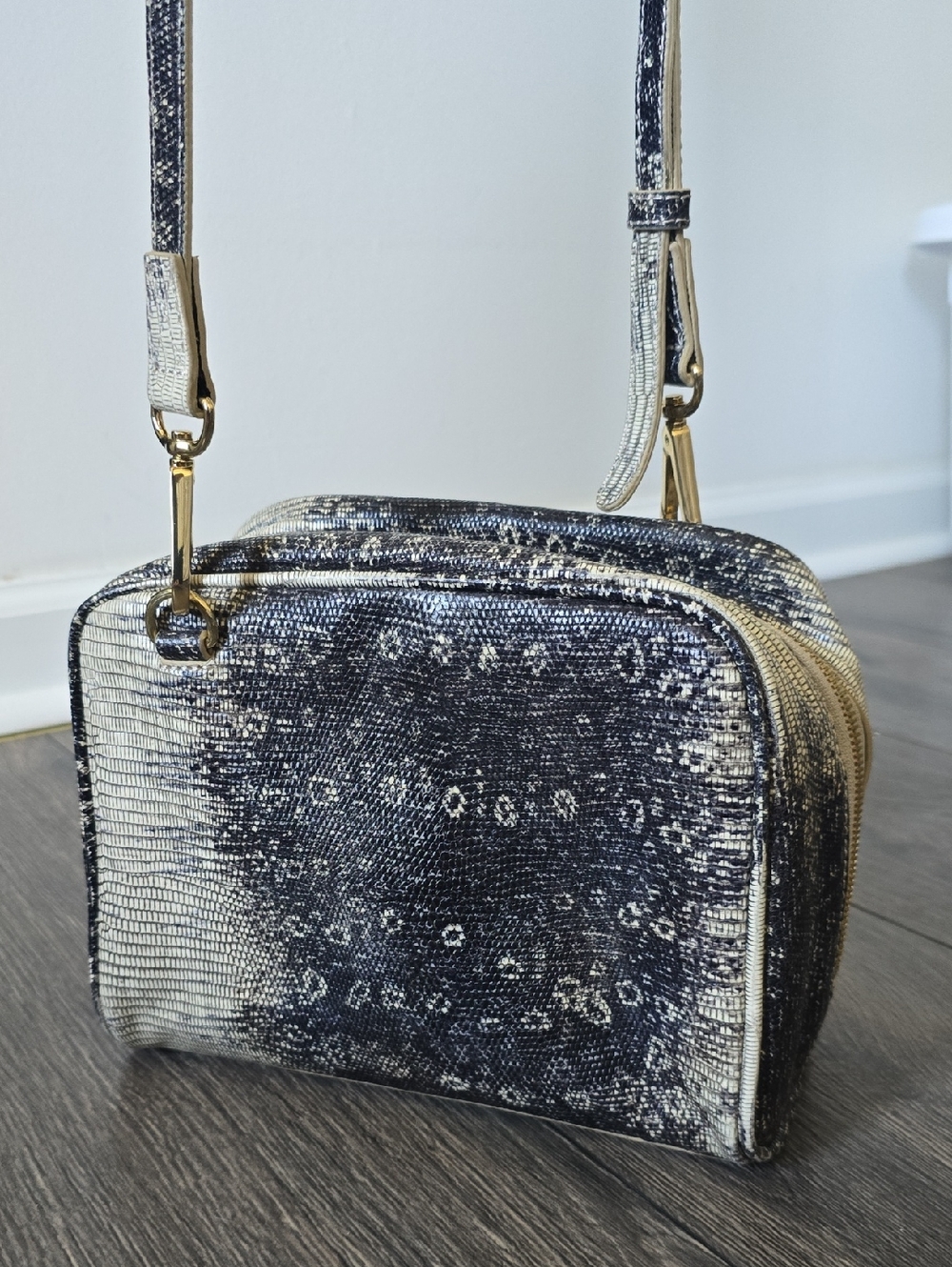 Italian Leather Snake Print Crossbody Neutral Mini Bag Gold Hardware